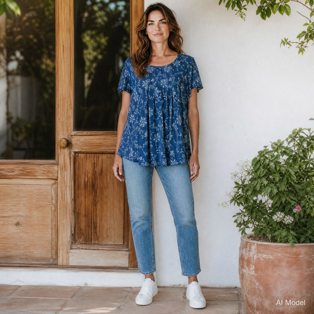 Timeson‎ Floral Mesh Blouse Womens Large Blue Pleated Flutter Sleeve Top